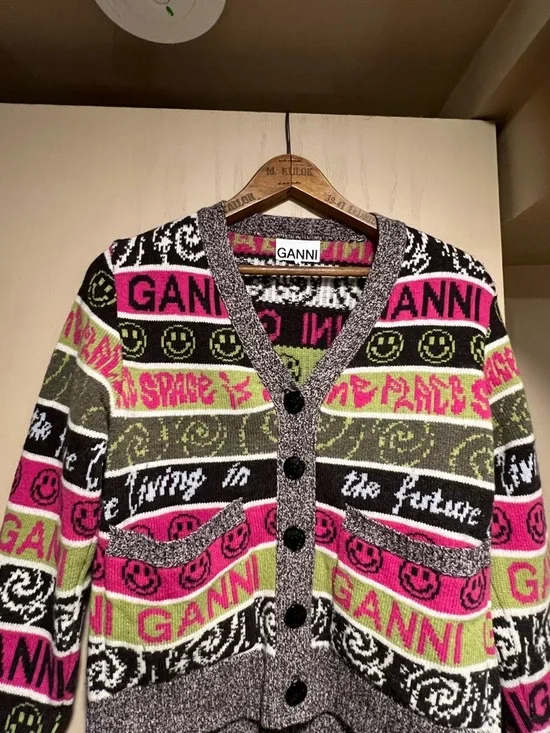 Ganni Multicolor Knit Cardigan in Pink, Olive & Black - Picture 2 of 4